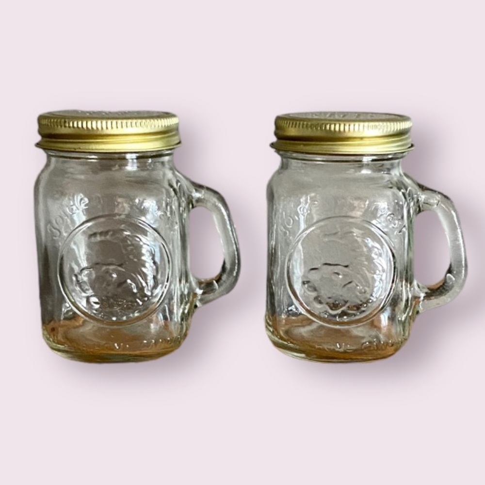 Vintage Clear Glass Golden Harvest Cornucopia Salt & Pepper Shaker w/ Metal Lids